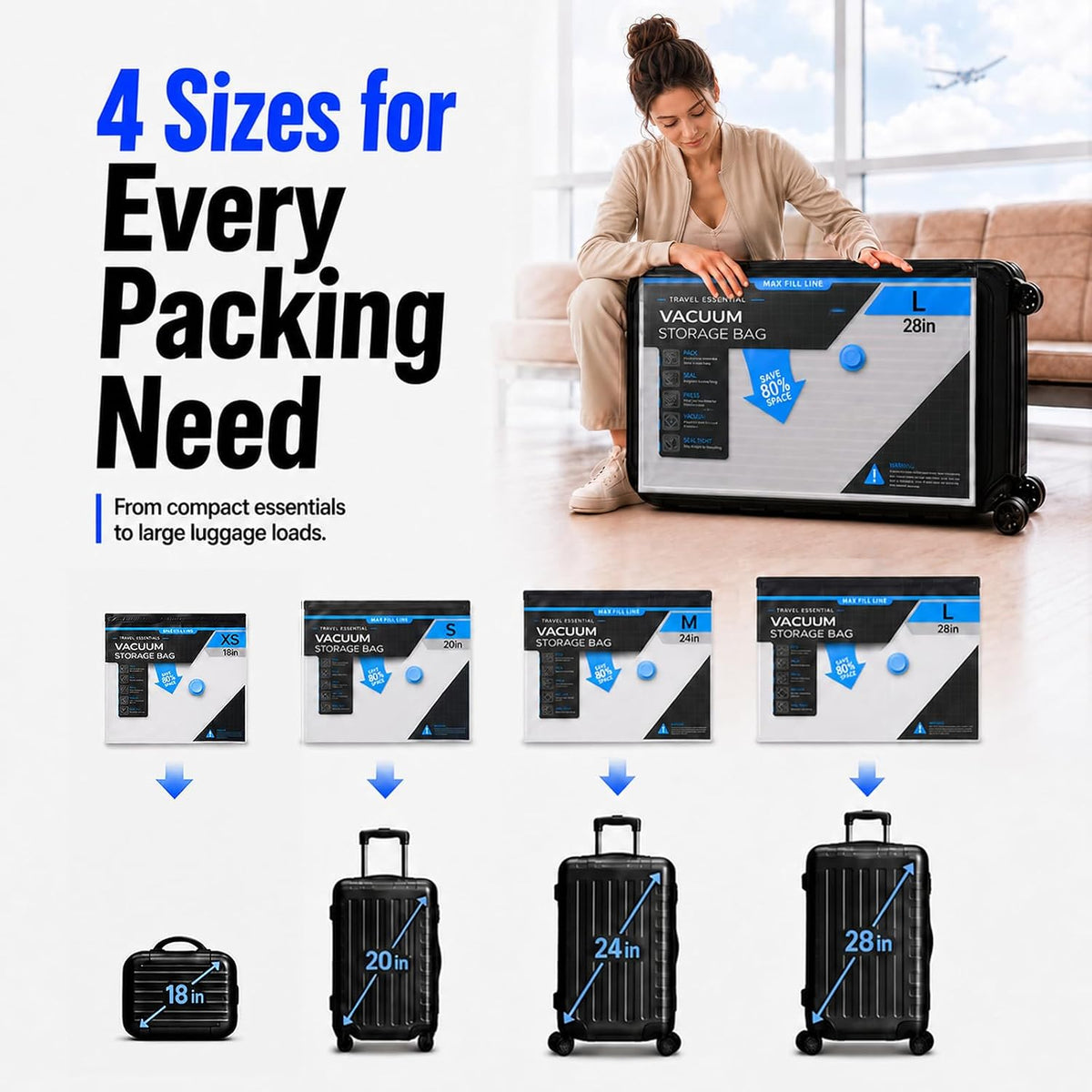 Vacuum Storage Bags for Travel - 60KPA Rechargeable Electric Pump, 16 Pack Vacuum Seal Bags for Clothing, Space Saver Compression Bags for Luggage, Suitcase & Home Storage