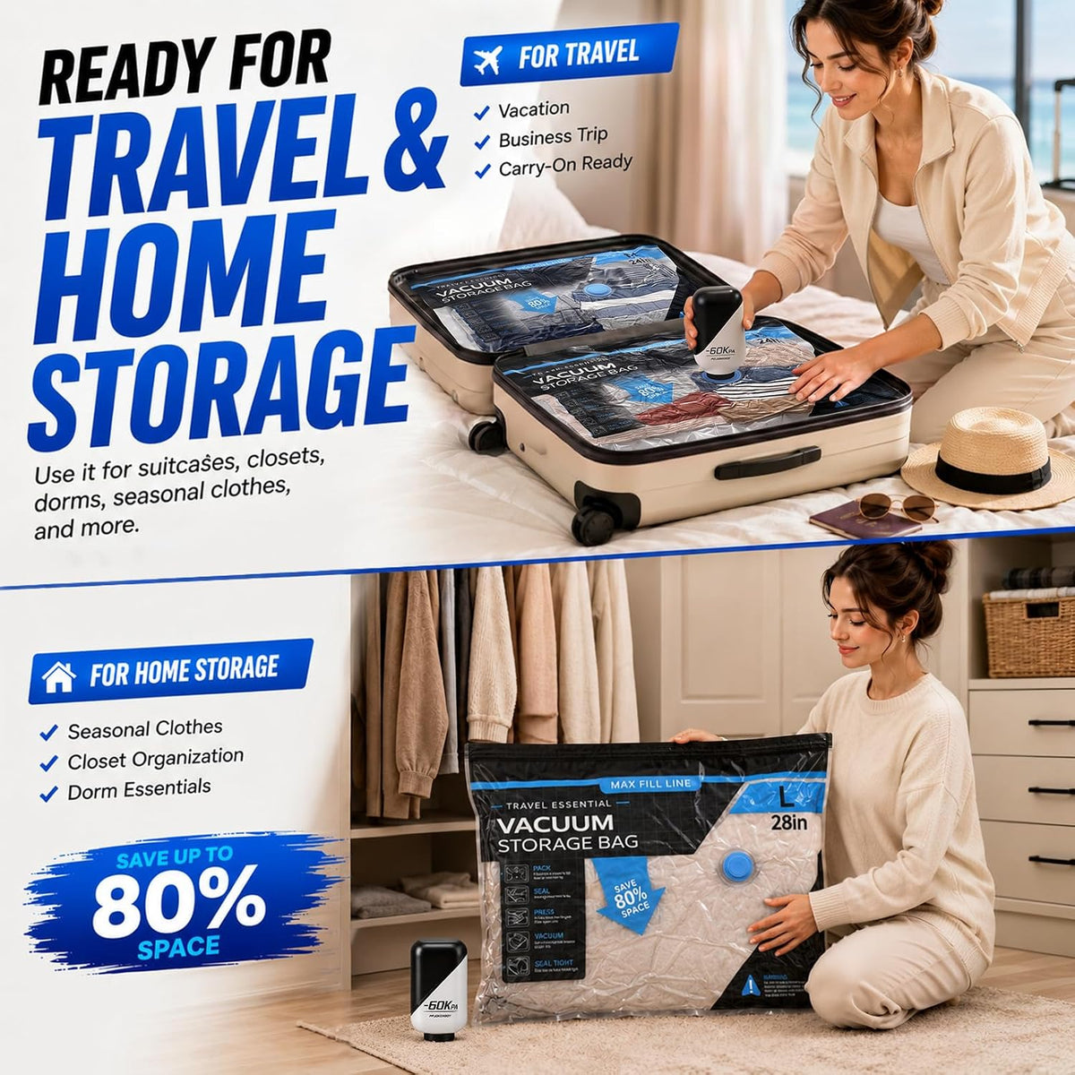 Vacuum Storage Bags for Travel - 60KPA Rechargeable Electric Pump, 16 Pack Vacuum Seal Bags for Clothing, Space Saver Compression Bags for Luggage, Suitcase & Home Storage
