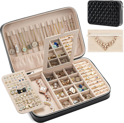 Travel Jewelry Case for Women Girls, Travel Jewelry Organizer Box with Mirror & Clear Storage Bag, Small Portable Earring Necklace Bracelet Ring Case, Birthday Valentine Gifts -Large, White