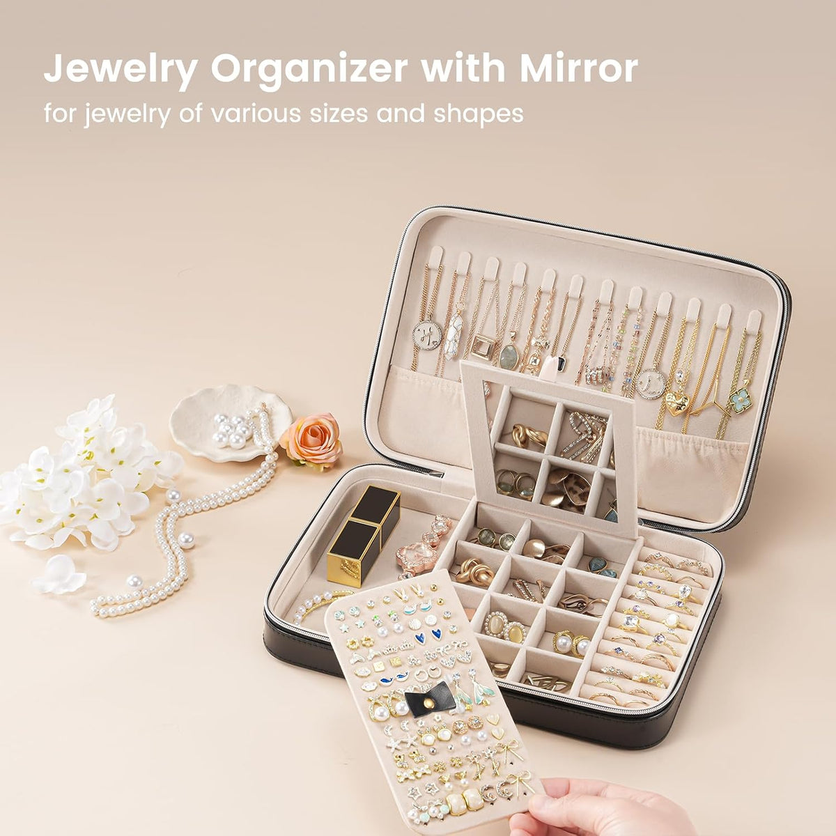 Travel Jewelry Case for Women Girls, Travel Jewelry Organizer Box with Mirror & Clear Storage Bag, Small Portable Earring Necklace Bracelet Ring Case, Birthday Valentine Gifts -Large, White