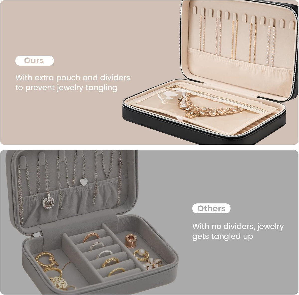 Travel Jewelry Case for Women Girls, Travel Jewelry Organizer Box with Mirror & Clear Storage Bag, Small Portable Earring Necklace Bracelet Ring Case, Birthday Valentine Gifts -Large, White