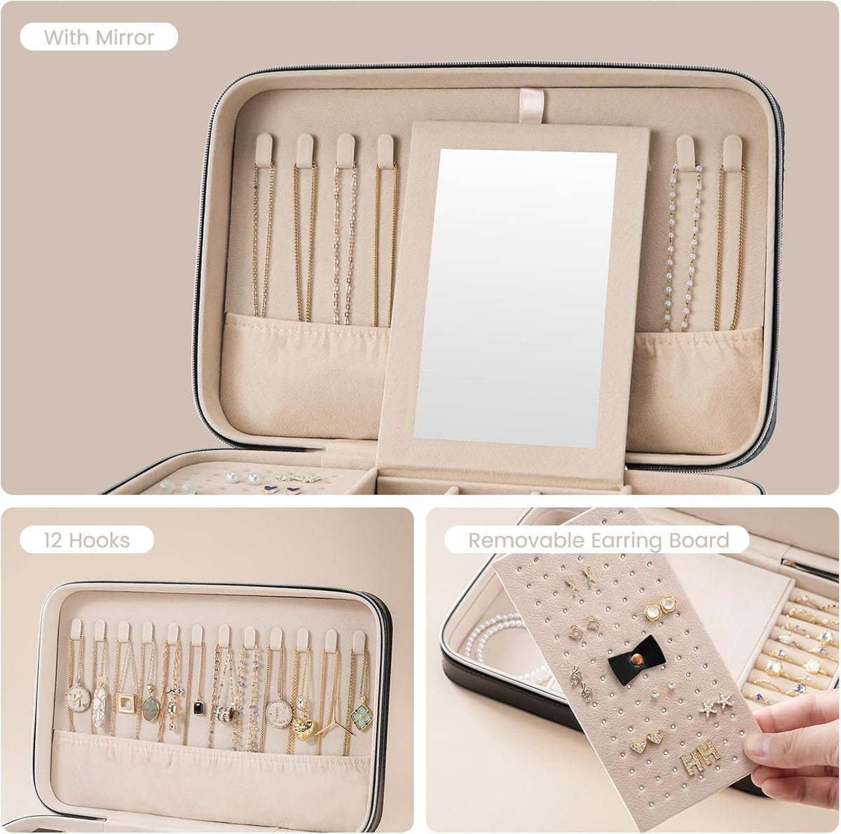 Travel Jewelry Case for Women Girls, Travel Jewelry Organizer Box with Mirror & Clear Storage Bag, Small Portable Earring Necklace Bracelet Ring Case, Birthday Valentine Gifts -Large, White