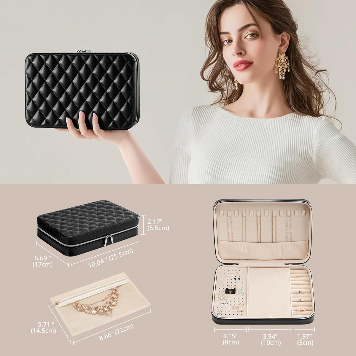 Travel Jewelry Case for Women Girls, Travel Jewelry Organizer Box with Mirror & Clear Storage Bag, Small Portable Earring Necklace Bracelet Ring Case, Birthday Valentine Gifts -Large, White
