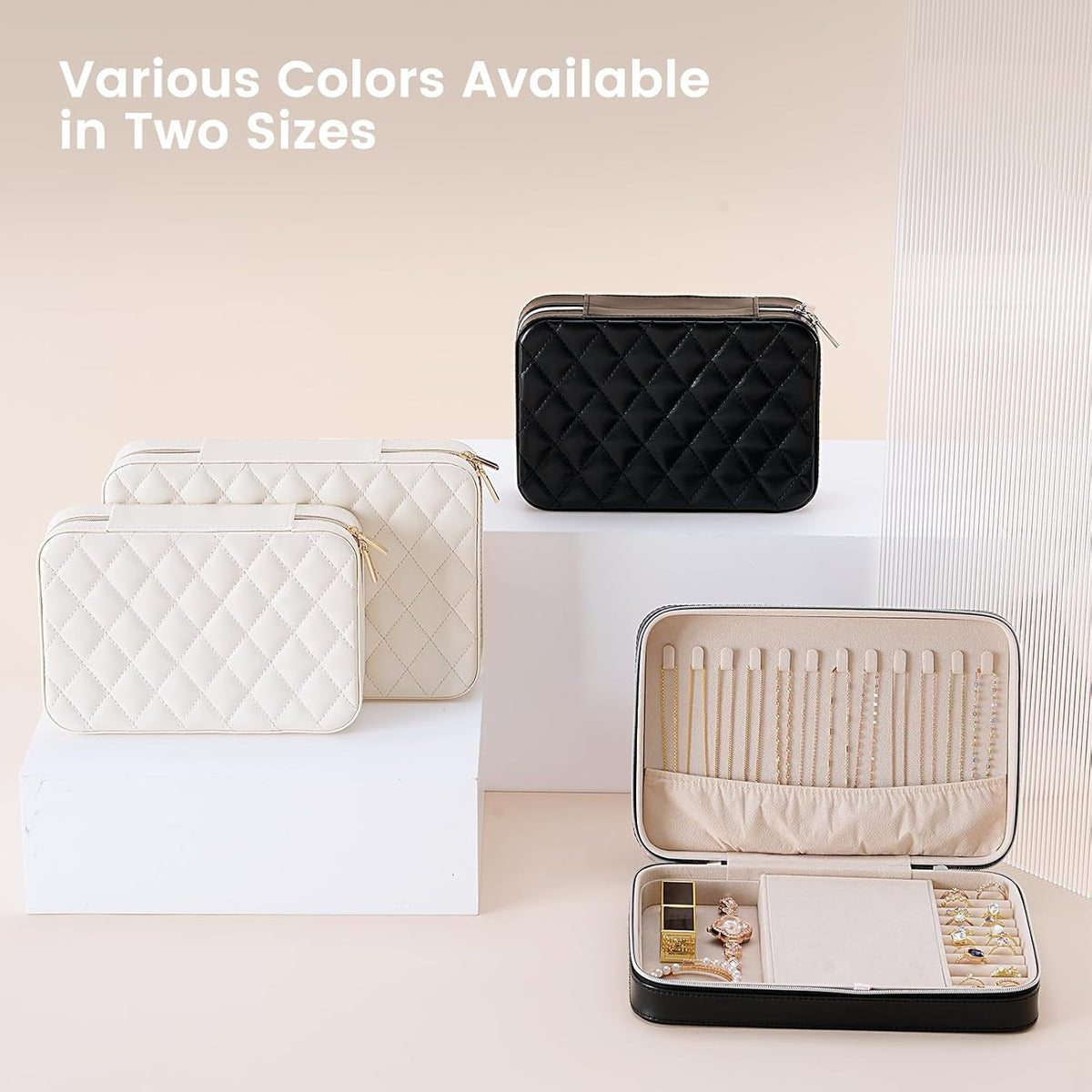 Travel Jewelry Case for Women Girls, Travel Jewelry Organizer Box with Mirror & Clear Storage Bag, Small Portable Earring Necklace Bracelet Ring Case, Birthday Valentine Gifts -Large, White
