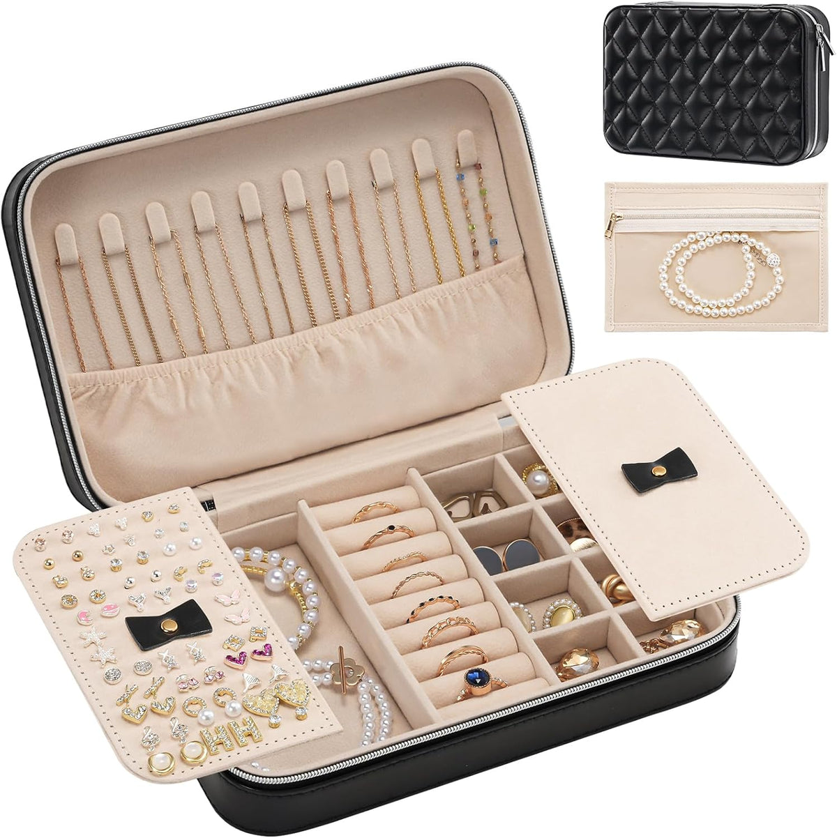 Travel Jewelry Case for Women Girls, Travel Jewelry Organizer Box with Mirror & Clear Storage Bag, Small Portable Earring Necklace Bracelet Ring Case, Birthday Valentine Gifts -Large, White