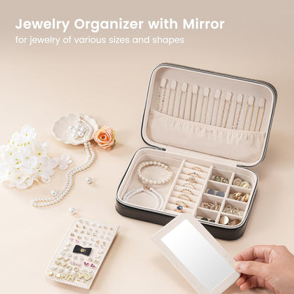 Travel Jewelry Case for Women Girls, Travel Jewelry Organizer Box with Mirror & Clear Storage Bag, Small Portable Earring Necklace Bracelet Ring Case, Birthday Valentine Gifts -Large, White
