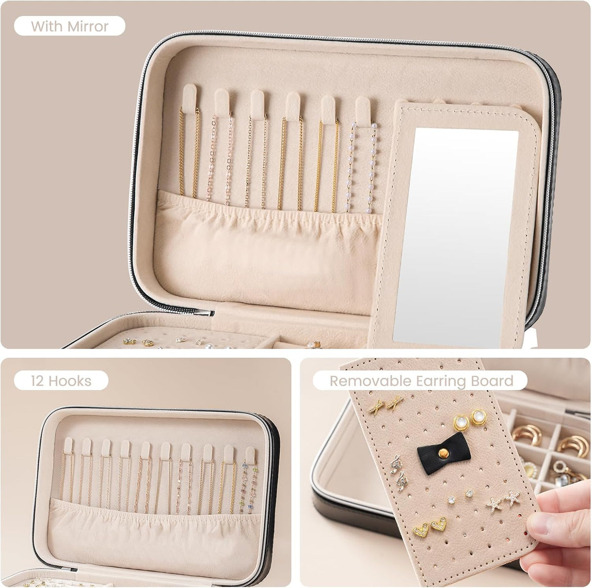 Travel Jewelry Case for Women Girls, Travel Jewelry Organizer Box with Mirror & Clear Storage Bag, Small Portable Earring Necklace Bracelet Ring Case, Birthday Valentine Gifts -Large, White