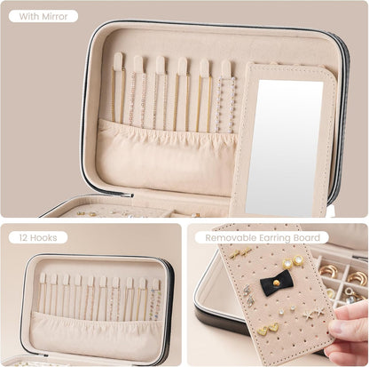 Travel Jewelry Case for Women Girls, Travel Jewelry Organizer Box with Mirror & Clear Storage Bag, Small Portable Earring Necklace Bracelet Ring Case, Birthday Valentine Gifts -Large, White