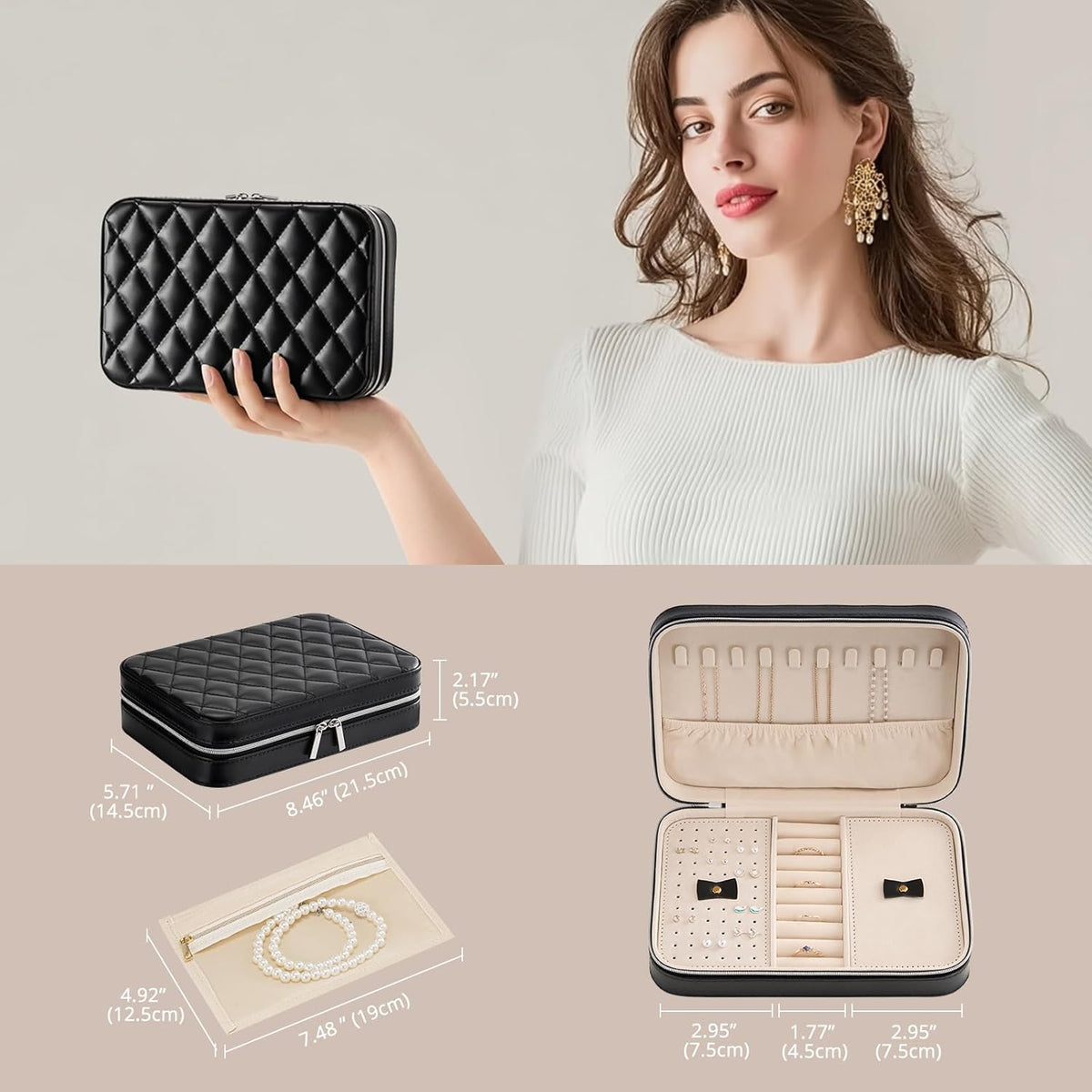 Travel Jewelry Case for Women Girls, Travel Jewelry Organizer Box with Mirror & Clear Storage Bag, Small Portable Earring Necklace Bracelet Ring Case, Birthday Valentine Gifts -Large, White