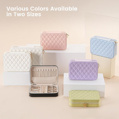 Travel Jewelry Case for Women Girls, Travel Jewelry Organizer Box with Mirror & Clear Storage Bag, Small Portable Earring Necklace Bracelet Ring Case, Birthday Valentine Gifts -Large, White