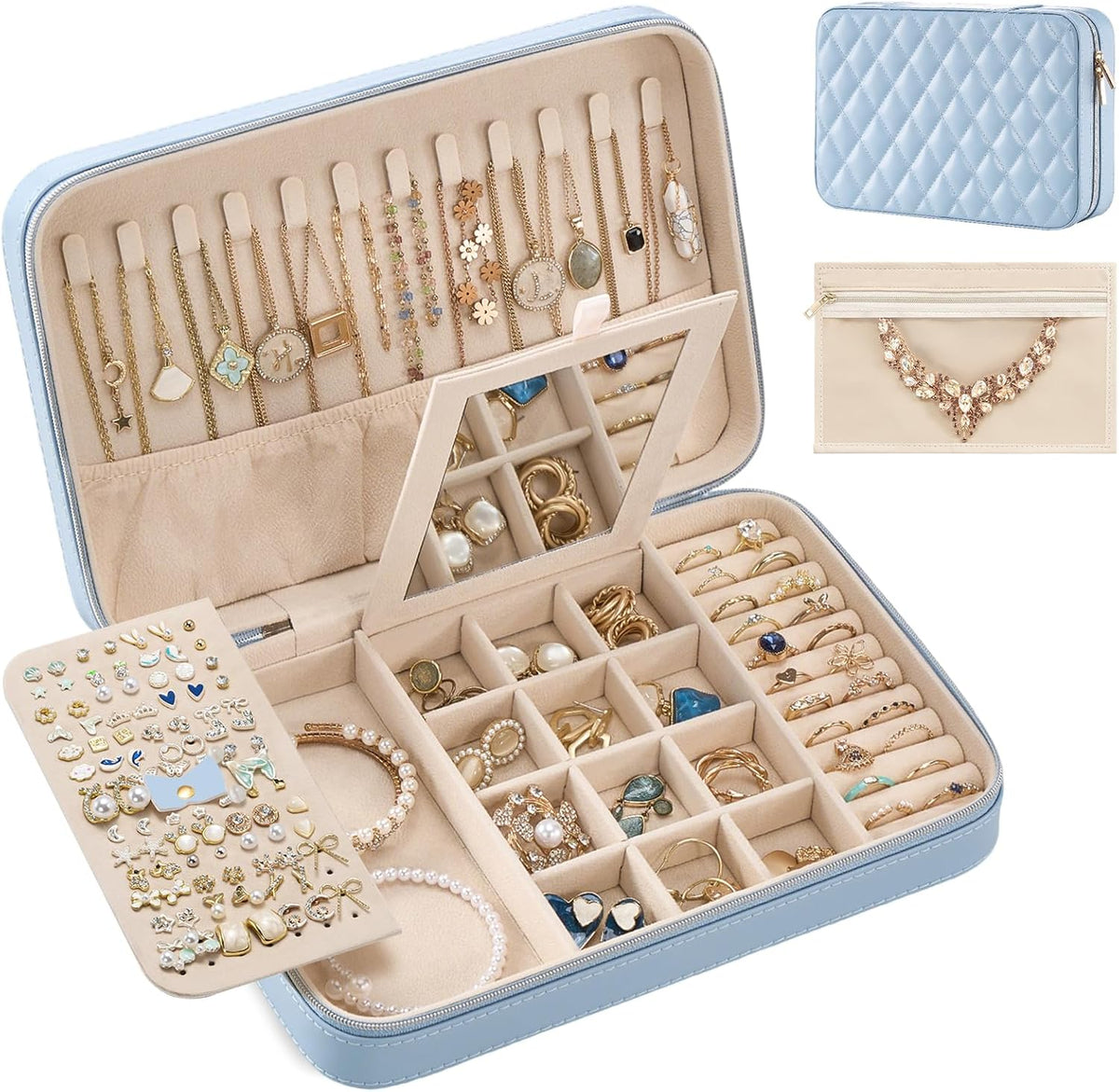 Travel Jewelry Case for Women Girls, Travel Jewelry Organizer Box with Mirror & Clear Storage Bag, Small Portable Earring Necklace Bracelet Ring Case, Birthday Valentine Gifts -Large, White