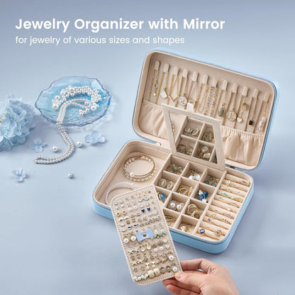 Travel Jewelry Case for Women Girls, Travel Jewelry Organizer Box with Mirror & Clear Storage Bag, Small Portable Earring Necklace Bracelet Ring Case, Birthday Valentine Gifts -Large, White