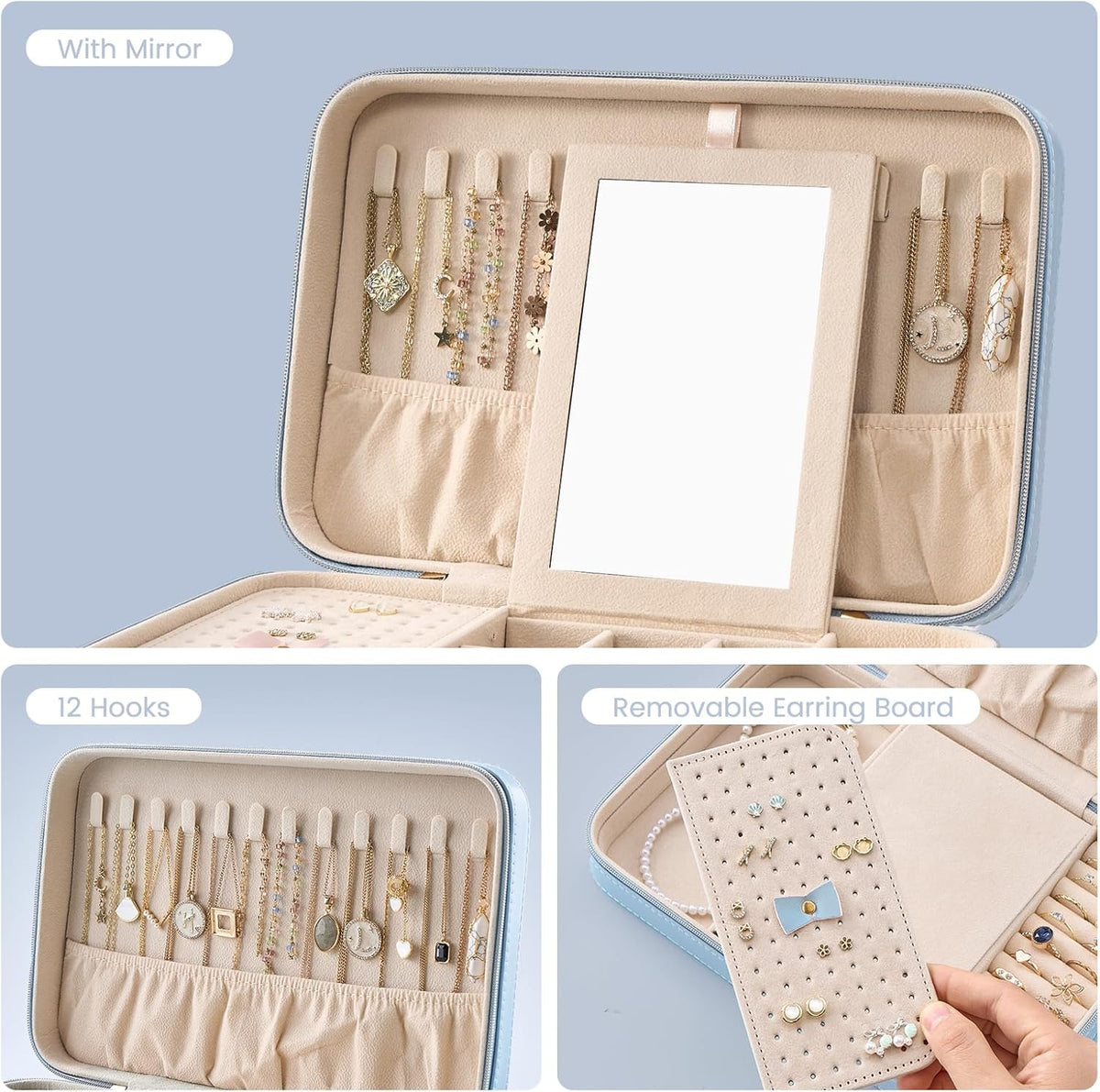Travel Jewelry Case for Women Girls, Travel Jewelry Organizer Box with Mirror & Clear Storage Bag, Small Portable Earring Necklace Bracelet Ring Case, Birthday Valentine Gifts -Large, White