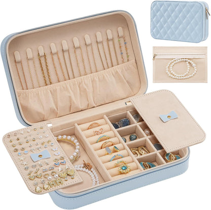 Travel Jewelry Case for Women Girls, Travel Jewelry Organizer Box with Mirror & Clear Storage Bag, Small Portable Earring Necklace Bracelet Ring Case, Birthday Valentine Gifts -Large, White