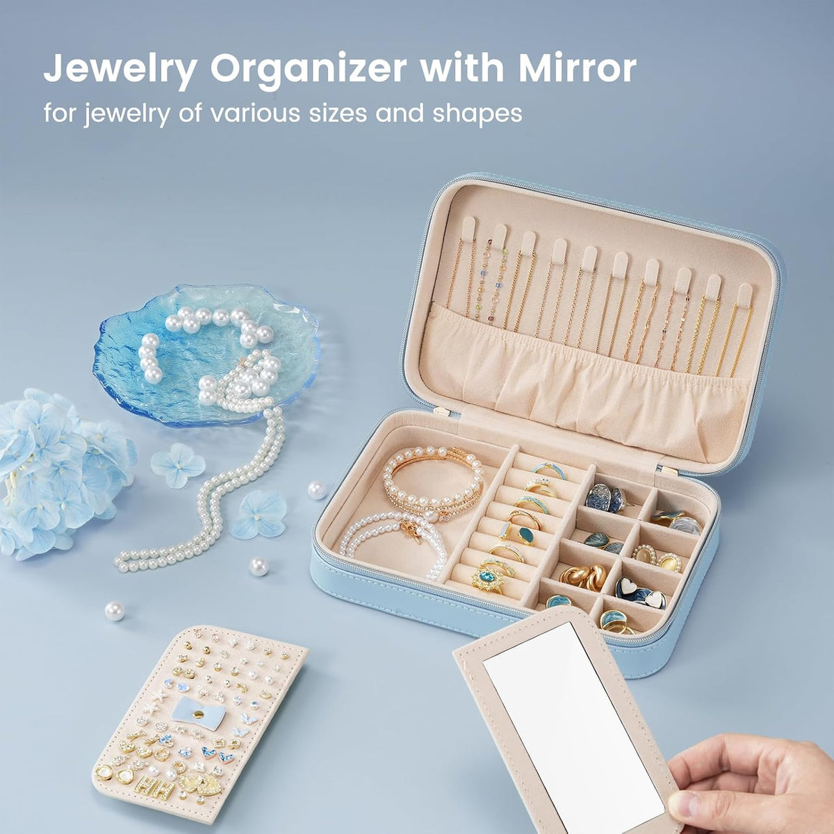 Travel Jewelry Case for Women Girls, Travel Jewelry Organizer Box with Mirror & Clear Storage Bag, Small Portable Earring Necklace Bracelet Ring Case, Birthday Valentine Gifts -Large, White