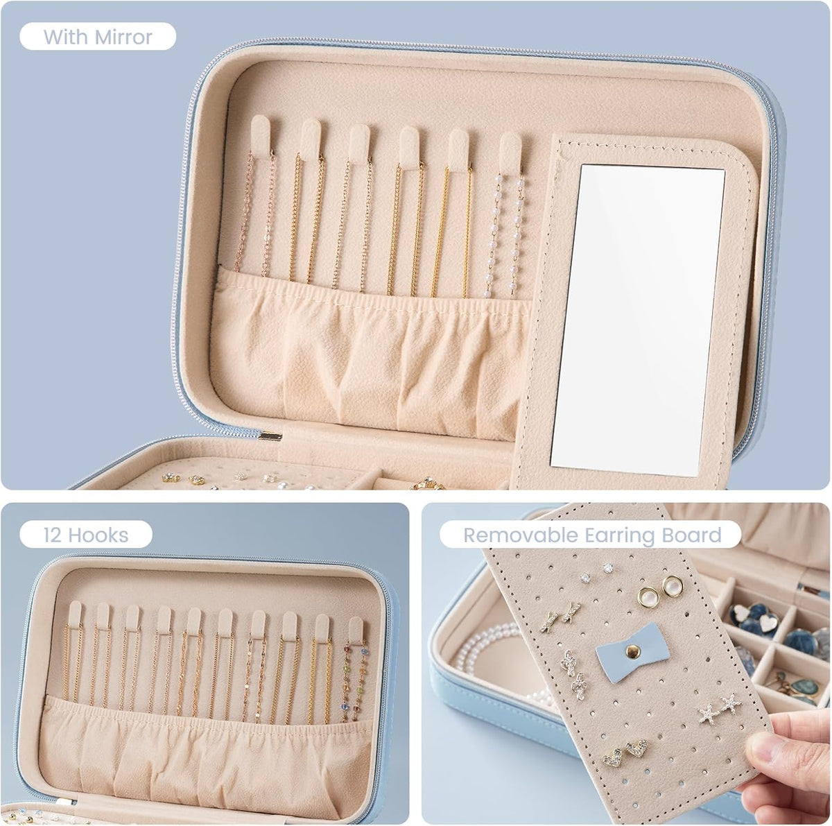 Travel Jewelry Case for Women Girls, Travel Jewelry Organizer Box with Mirror & Clear Storage Bag, Small Portable Earring Necklace Bracelet Ring Case, Birthday Valentine Gifts -Large, White