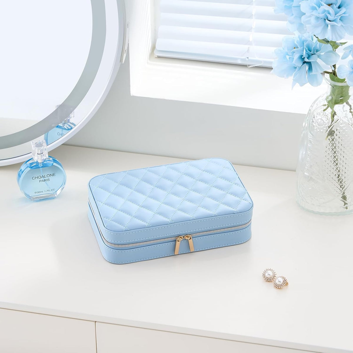 Travel Jewelry Case for Women Girls, Travel Jewelry Organizer Box with Mirror & Clear Storage Bag, Small Portable Earring Necklace Bracelet Ring Case, Birthday Valentine Gifts -Large, White