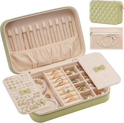 Travel Jewelry Case for Women Girls, Travel Jewelry Organizer Box with Mirror & Clear Storage Bag, Small Portable Earring Necklace Bracelet Ring Case, Birthday Valentine Gifts -Large, White