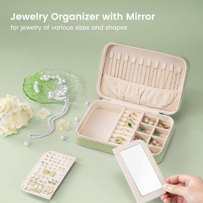 Travel Jewelry Case for Women Girls, Travel Jewelry Organizer Box with Mirror & Clear Storage Bag, Small Portable Earring Necklace Bracelet Ring Case, Birthday Valentine Gifts -Large, White
