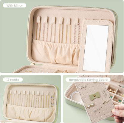 Travel Jewelry Case for Women Girls, Travel Jewelry Organizer Box with Mirror & Clear Storage Bag, Small Portable Earring Necklace Bracelet Ring Case, Birthday Valentine Gifts -Large, White