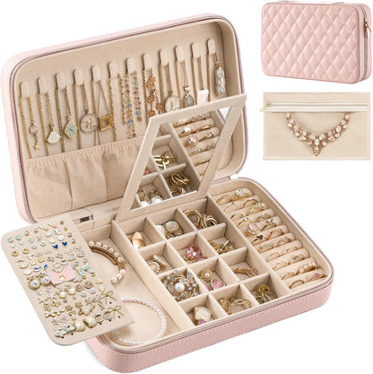 Travel Jewelry Case for Women Girls, Travel Jewelry Organizer Box with Mirror & Clear Storage Bag, Small Portable Earring Necklace Bracelet Ring Case, Birthday Valentine Gifts -Large, White