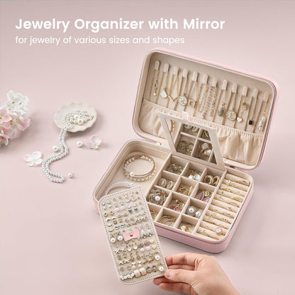 Travel Jewelry Case for Women Girls, Travel Jewelry Organizer Box with Mirror & Clear Storage Bag, Small Portable Earring Necklace Bracelet Ring Case, Birthday Valentine Gifts -Large, White