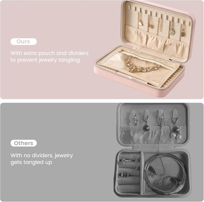 Travel Jewelry Case for Women Girls, Travel Jewelry Organizer Box with Mirror & Clear Storage Bag, Small Portable Earring Necklace Bracelet Ring Case, Birthday Valentine Gifts -Large, White