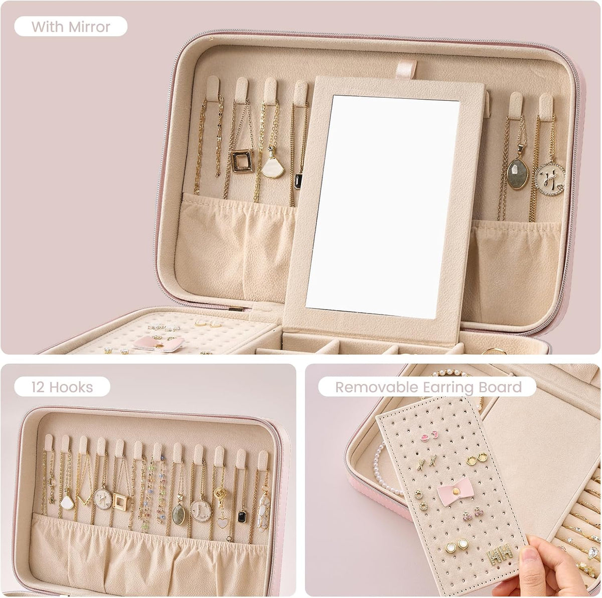 Travel Jewelry Case for Women Girls, Travel Jewelry Organizer Box with Mirror & Clear Storage Bag, Small Portable Earring Necklace Bracelet Ring Case, Birthday Valentine Gifts -Large, White