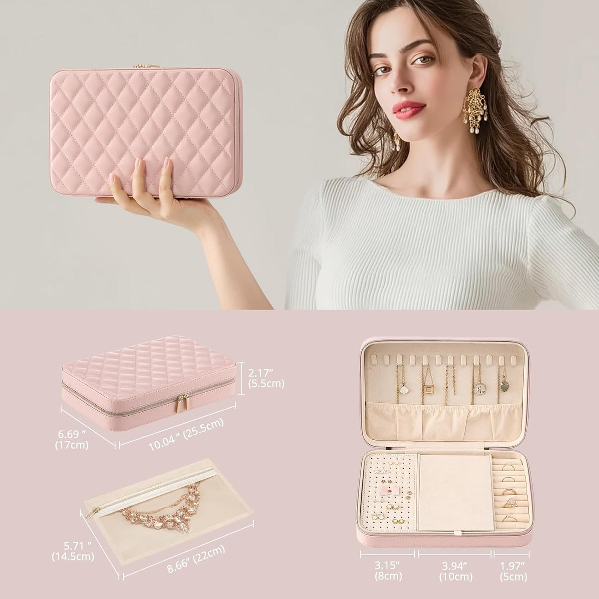 Travel Jewelry Case for Women Girls, Travel Jewelry Organizer Box with Mirror & Clear Storage Bag, Small Portable Earring Necklace Bracelet Ring Case, Birthday Valentine Gifts -Large, White