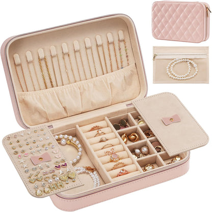 Travel Jewelry Case for Women Girls, Travel Jewelry Organizer Box with Mirror & Clear Storage Bag, Small Portable Earring Necklace Bracelet Ring Case, Birthday Valentine Gifts -Large, White