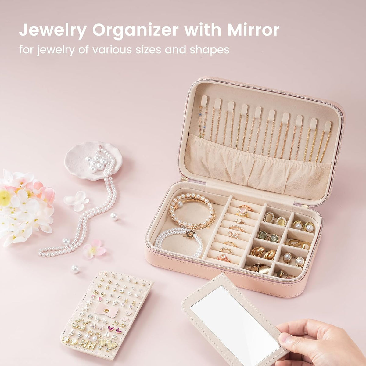 Travel Jewelry Case for Women Girls, Travel Jewelry Organizer Box with Mirror & Clear Storage Bag, Small Portable Earring Necklace Bracelet Ring Case, Birthday Valentine Gifts -Large, White