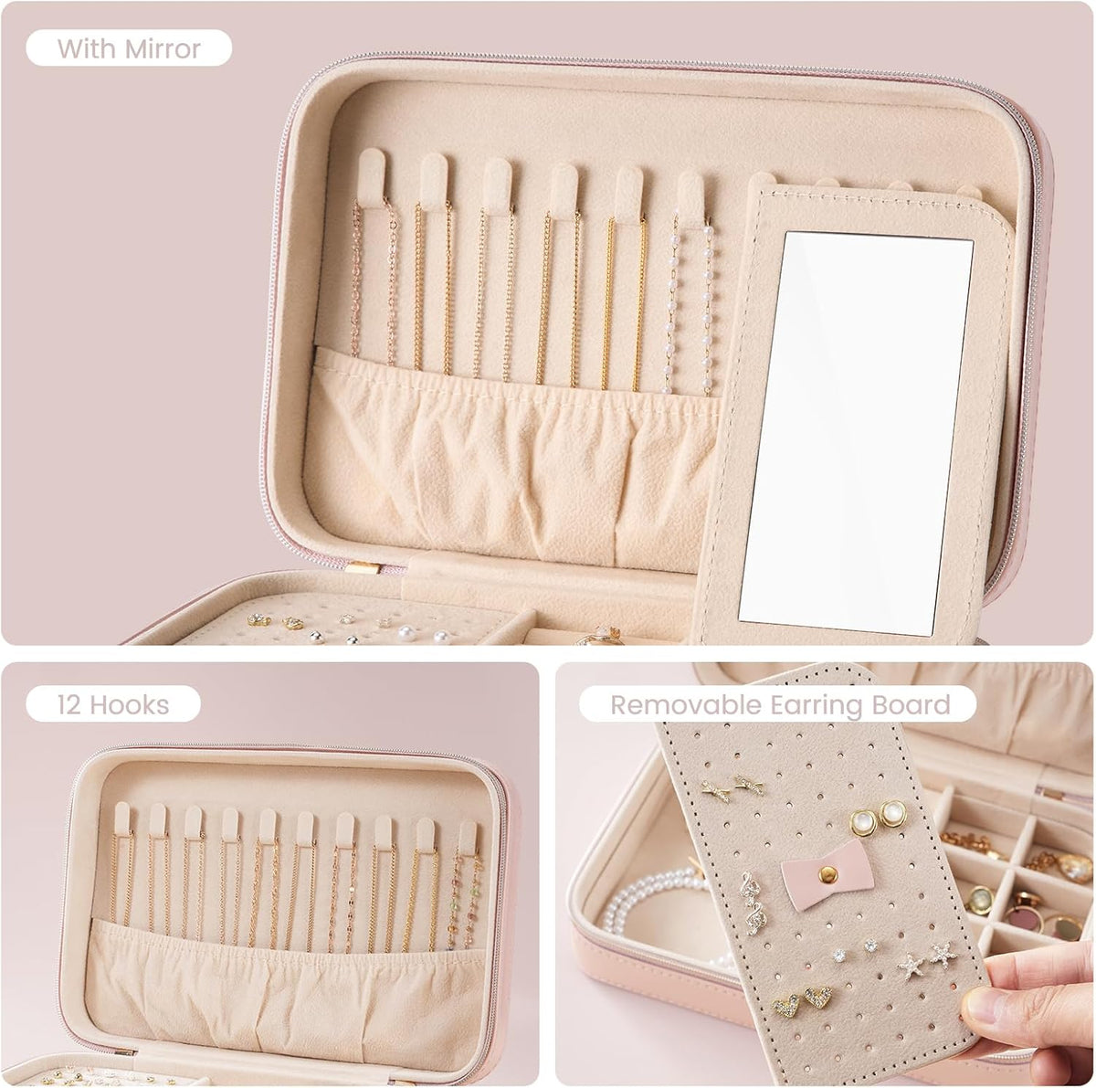 Travel Jewelry Case for Women Girls, Travel Jewelry Organizer Box with Mirror & Clear Storage Bag, Small Portable Earring Necklace Bracelet Ring Case, Birthday Valentine Gifts -Large, White