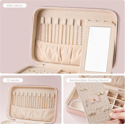 Travel Jewelry Case for Women Girls, Travel Jewelry Organizer Box with Mirror & Clear Storage Bag, Small Portable Earring Necklace Bracelet Ring Case, Birthday Valentine Gifts -Large, White