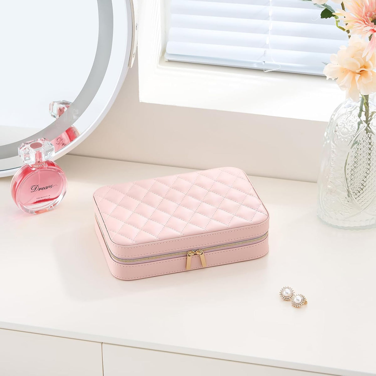 Travel Jewelry Case for Women Girls, Travel Jewelry Organizer Box with Mirror & Clear Storage Bag, Small Portable Earring Necklace Bracelet Ring Case, Birthday Valentine Gifts -Large, White
