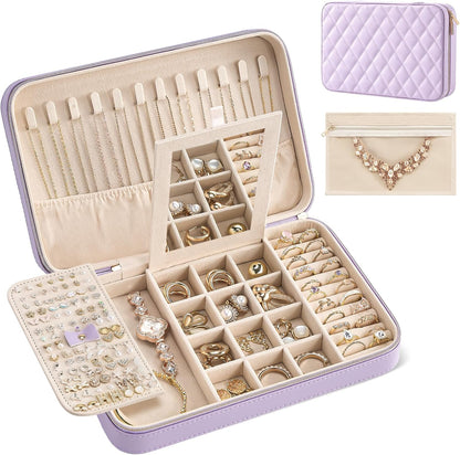 Travel Jewelry Case for Women Girls, Travel Jewelry Organizer Box with Mirror & Clear Storage Bag, Small Portable Earring Necklace Bracelet Ring Case, Birthday Valentine Gifts -Large, White