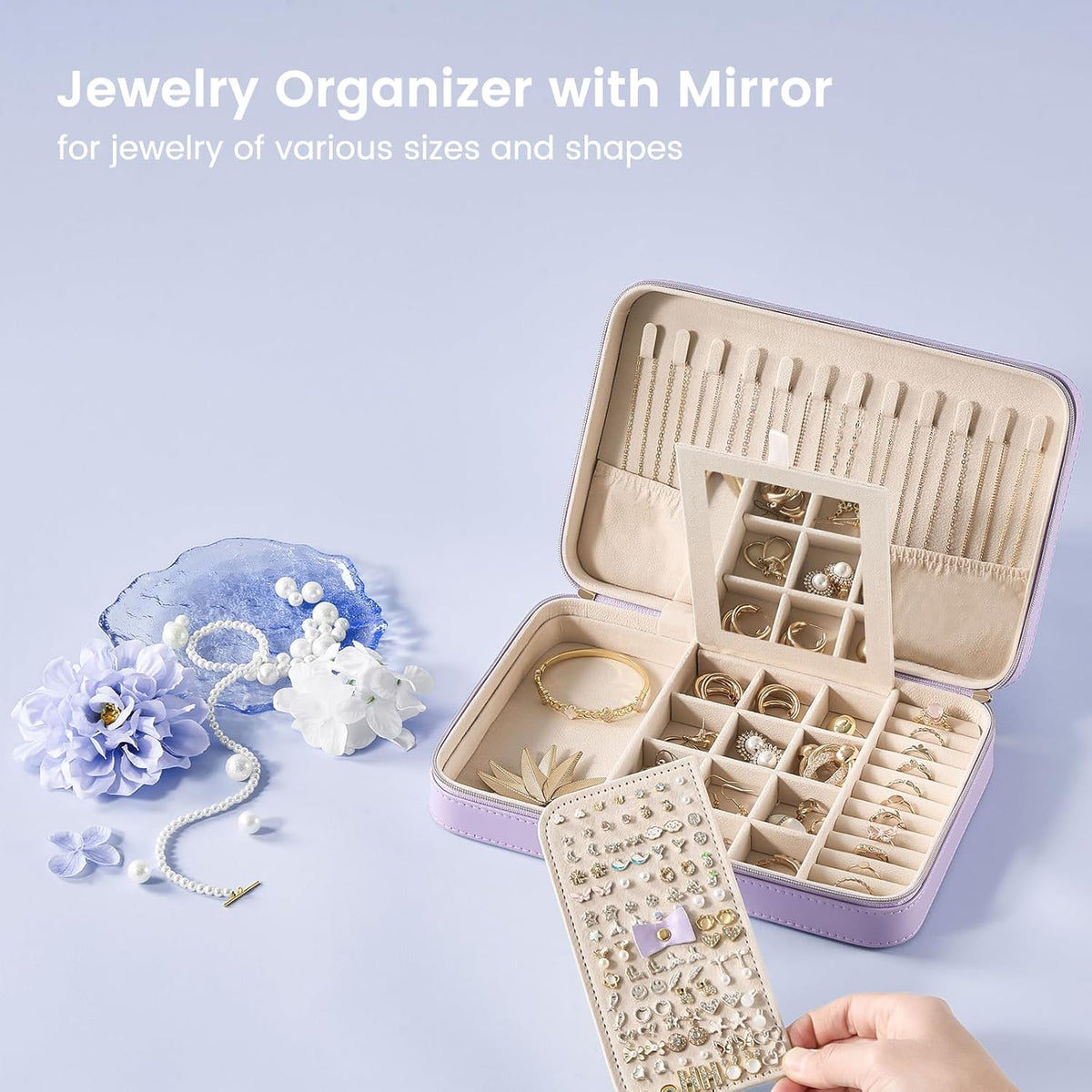 Travel Jewelry Case for Women Girls, Travel Jewelry Organizer Box with Mirror & Clear Storage Bag, Small Portable Earring Necklace Bracelet Ring Case, Birthday Valentine Gifts -Large, White