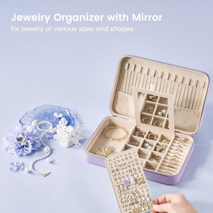 Travel Jewelry Case for Women Girls, Travel Jewelry Organizer Box with Mirror & Clear Storage Bag, Small Portable Earring Necklace Bracelet Ring Case, Birthday Valentine Gifts -Large, White