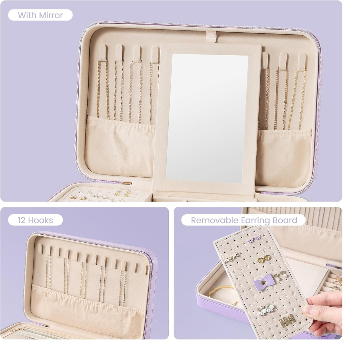 Travel Jewelry Case for Women Girls, Travel Jewelry Organizer Box with Mirror & Clear Storage Bag, Small Portable Earring Necklace Bracelet Ring Case, Birthday Valentine Gifts -Large, White