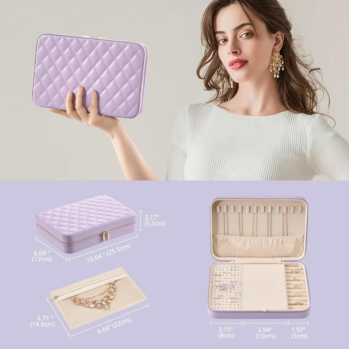 Travel Jewelry Case for Women Girls, Travel Jewelry Organizer Box with Mirror & Clear Storage Bag, Small Portable Earring Necklace Bracelet Ring Case, Birthday Valentine Gifts -Large, White