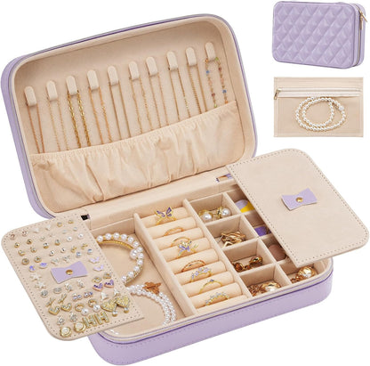 Travel Jewelry Case for Women Girls, Travel Jewelry Organizer Box with Mirror & Clear Storage Bag, Small Portable Earring Necklace Bracelet Ring Case, Birthday Valentine Gifts -Large, White
