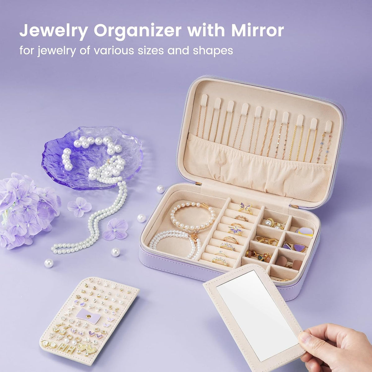 Travel Jewelry Case for Women Girls, Travel Jewelry Organizer Box with Mirror & Clear Storage Bag, Small Portable Earring Necklace Bracelet Ring Case, Birthday Valentine Gifts -Large, White