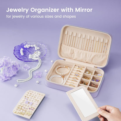 Travel Jewelry Case for Women Girls, Travel Jewelry Organizer Box with Mirror & Clear Storage Bag, Small Portable Earring Necklace Bracelet Ring Case, Birthday Valentine Gifts -Large, White