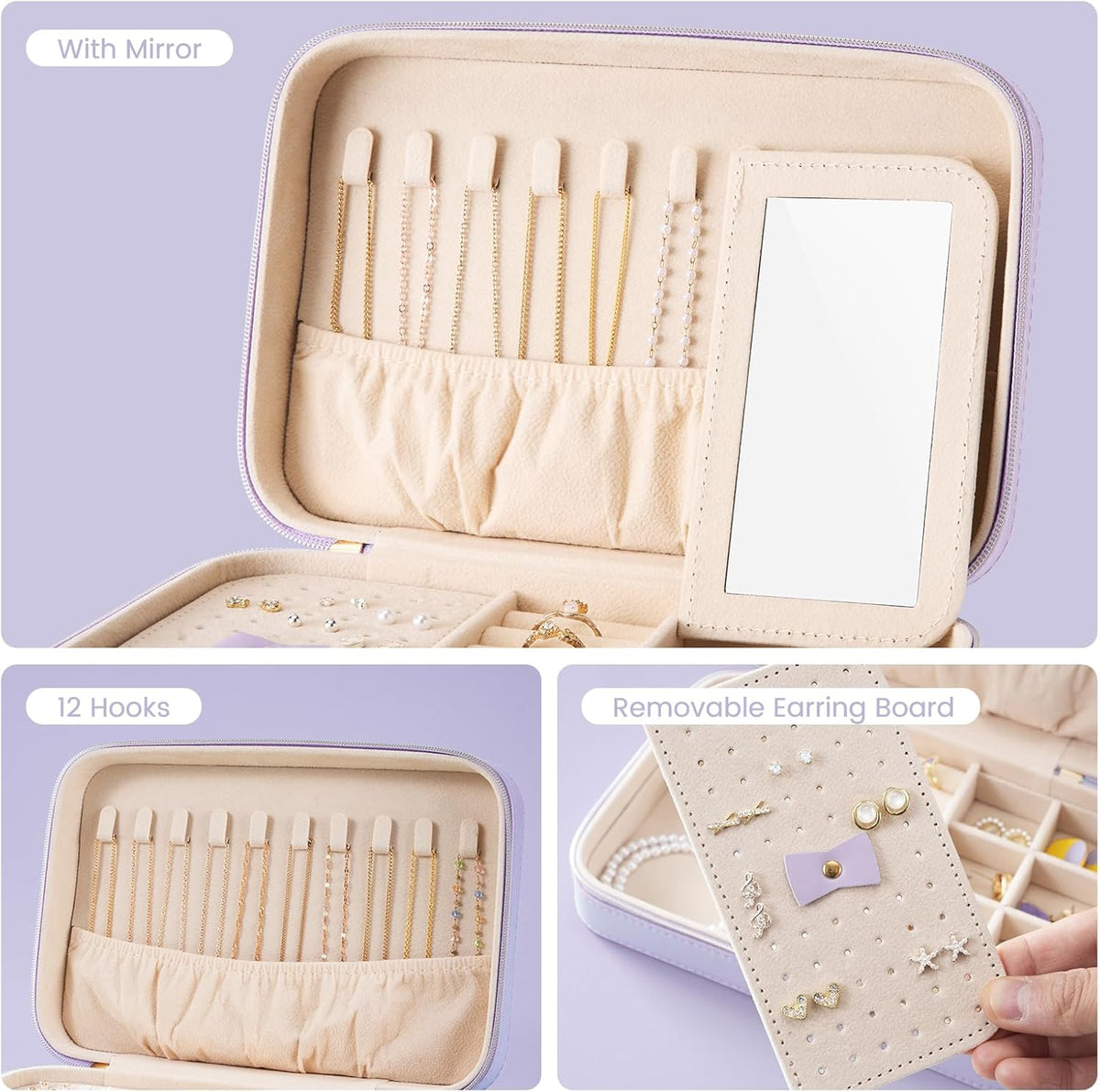 Travel Jewelry Case for Women Girls, Travel Jewelry Organizer Box with Mirror & Clear Storage Bag, Small Portable Earring Necklace Bracelet Ring Case, Birthday Valentine Gifts -Large, White