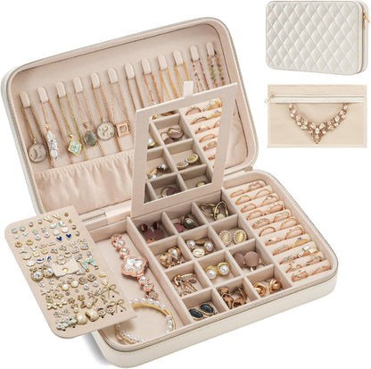 Travel Jewelry Case for Women Girls, Travel Jewelry Organizer Box with Mirror & Clear Storage Bag, Small Portable Earring Necklace Bracelet Ring Case, Birthday Valentine Gifts -Large, White