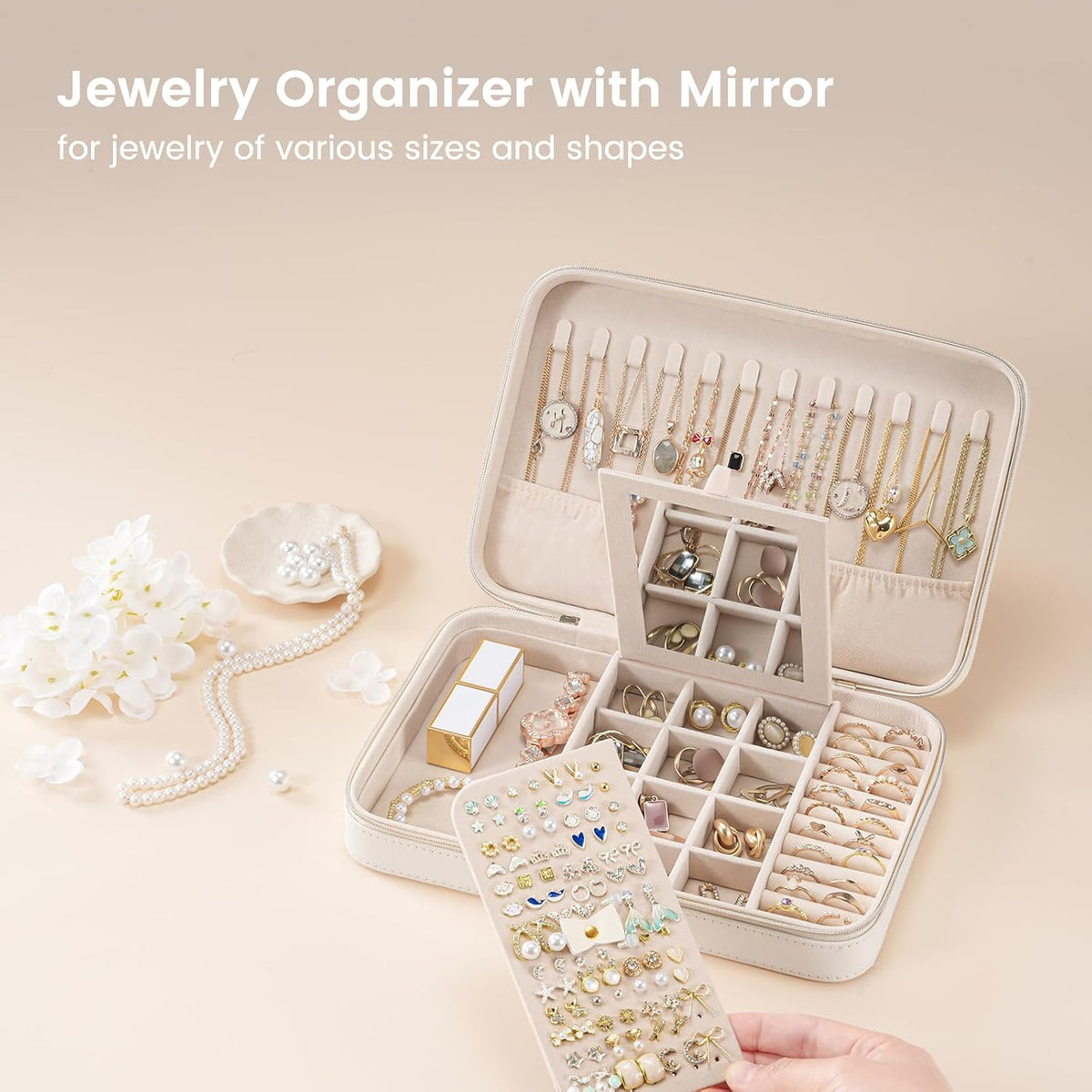 Travel Jewelry Case for Women Girls, Travel Jewelry Organizer Box with Mirror & Clear Storage Bag, Small Portable Earring Necklace Bracelet Ring Case, Birthday Valentine Gifts -Large, White