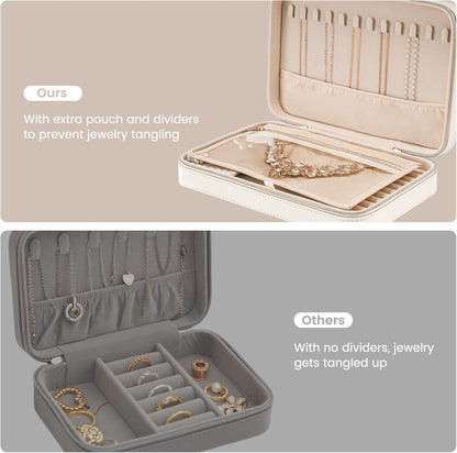 Travel Jewelry Case for Women Girls, Travel Jewelry Organizer Box with Mirror & Clear Storage Bag, Small Portable Earring Necklace Bracelet Ring Case, Birthday Valentine Gifts -Large, White