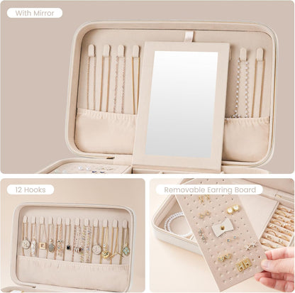 Travel Jewelry Case for Women Girls, Travel Jewelry Organizer Box with Mirror & Clear Storage Bag, Small Portable Earring Necklace Bracelet Ring Case, Birthday Valentine Gifts -Large, White