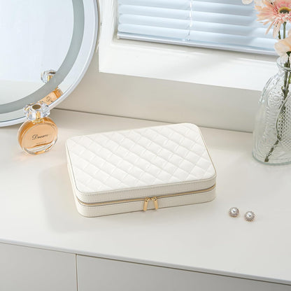 Travel Jewelry Case for Women Girls, Travel Jewelry Organizer Box with Mirror & Clear Storage Bag, Small Portable Earring Necklace Bracelet Ring Case, Birthday Valentine Gifts -Large, White