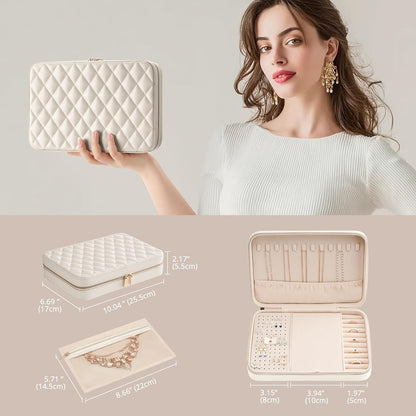 Travel Jewelry Case for Women Girls, Travel Jewelry Organizer Box with Mirror & Clear Storage Bag, Small Portable Earring Necklace Bracelet Ring Case, Birthday Valentine Gifts -Large, White
