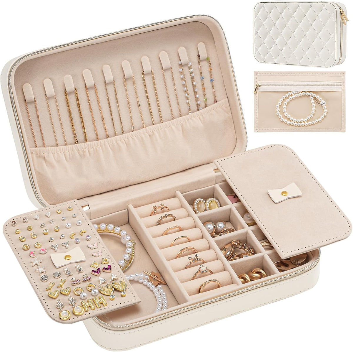 Travel Jewelry Case for Women Girls, Travel Jewelry Organizer Box with Mirror & Clear Storage Bag, Small Portable Earring Necklace Bracelet Ring Case, Birthday Valentine Gifts -Large, White